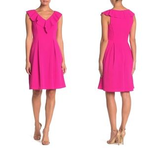 Eliza J Vibrant Bright Pink Perforated Flare Dress Ruffle Neck Valentine's Day